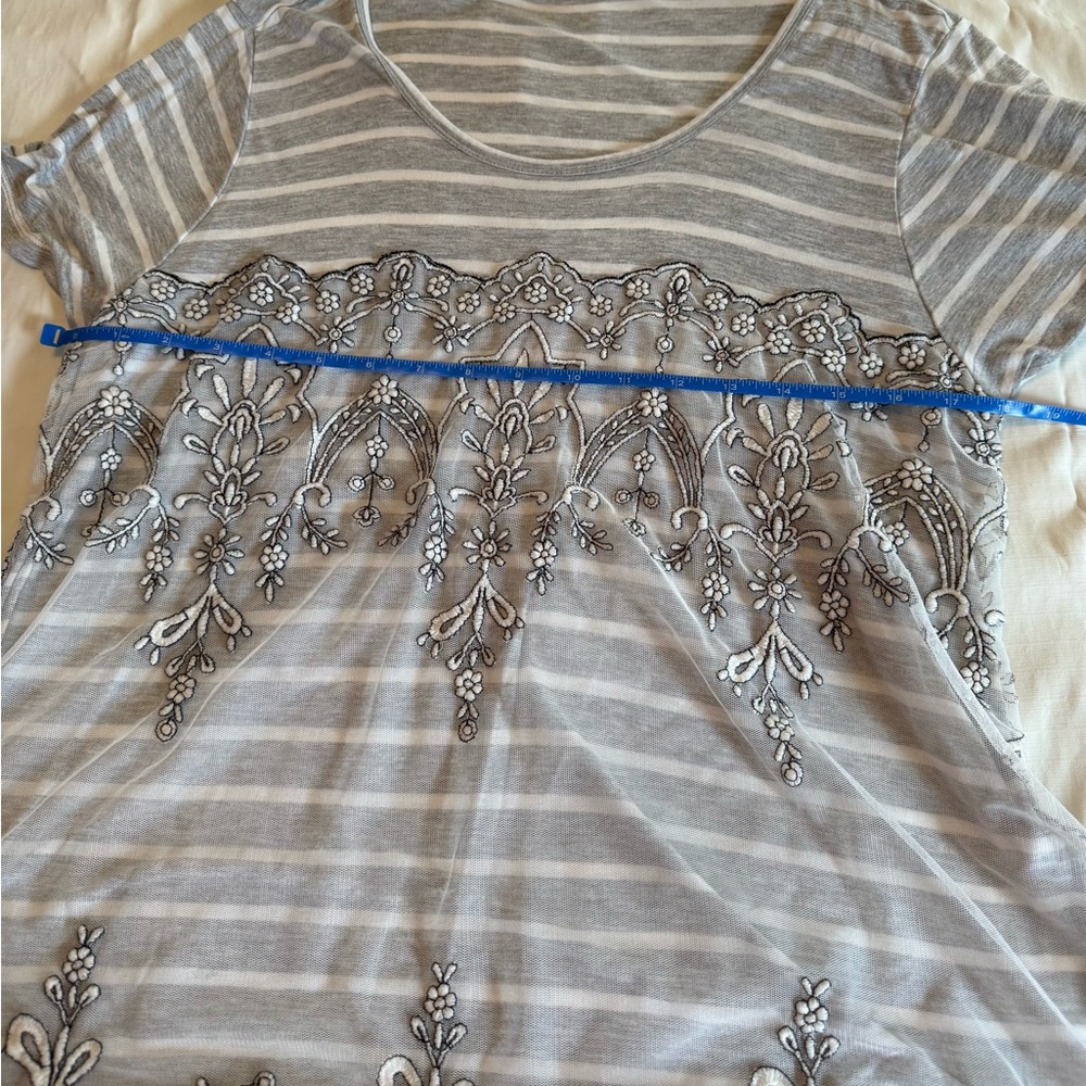 Maurices Gray and White Striped Embroidered Scoop Neck Top with mesh overlay - Picture 4 of 8